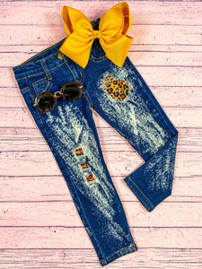 Animal Print Patch Denim Girls Jeans. Yellow black orange animal print peek through patch jeans. Little Gift Nook.