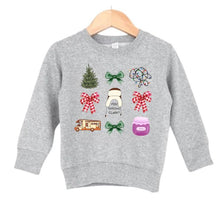 Load image into Gallery viewer, Are you Serious Clark? Griswold theme Coquette Sweatshirt. Heather gray fleece lined kids sweatshirt with Griswold theme icons and bows. Little Gift Nook.