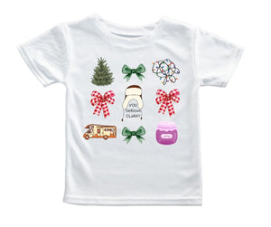 Are you Serious Clark? Griswold theme Coquette Tshirt. whitekids tshirt with Griswold theme icons and bows. Little Gift Nook.