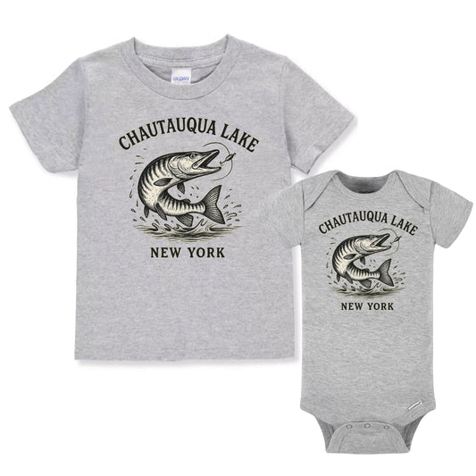 Chautauqua Lake Muskie Fishing Child T-Shirt - Children's heather gray Chautauqua Lake Muskie fish tshirts and onesies for baby - Little Gift Nook
