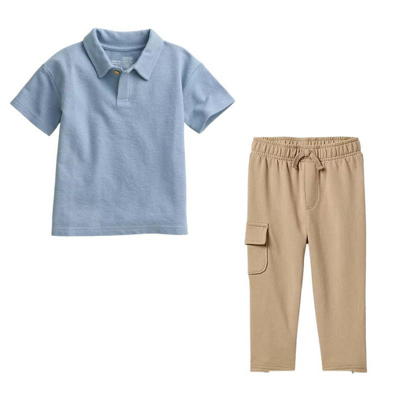 Baby boy Blue Polo Outfit Set. Baby Blue soft polo T & comfy stretchy khaki pants with 1 cargo pocket. 2 piece set. Shirt and elastic waist pants. Available in NB - 12 months. Little Gift Nook.