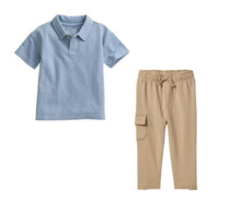 Load image into Gallery viewer, Baby boy Blue Polo Outfit Set. Baby Blue soft polo T &amp; comfy stretchy khaki pants with 1 cargo pocket. Available in NB - 12 months. Little Gift Nook.