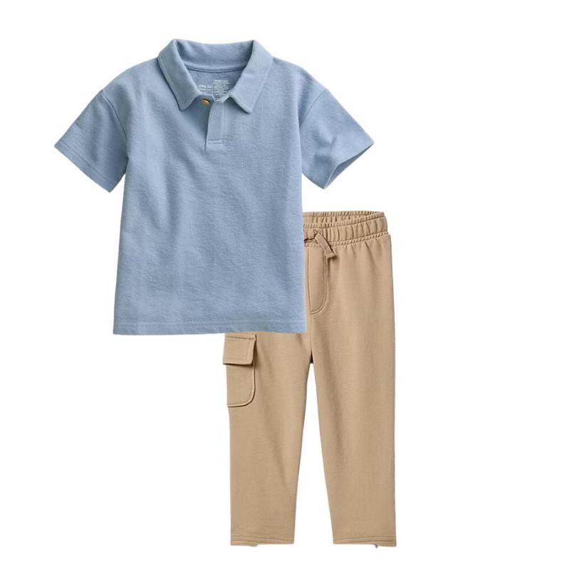 Baby boy Blue Polo Outfit Set. Baby Blue soft polo T & comfy stretchy khaki pants with 1 cargo pocket. Available in NB - 12 months. Little Gift Nook.