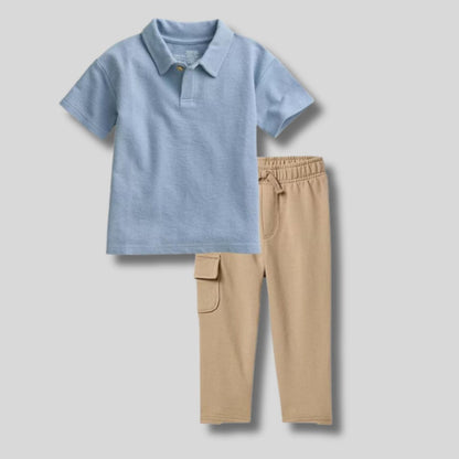 Baby boy blue polo shirt and khaki pocket pants outfit on gray background  - Little Gift Nook