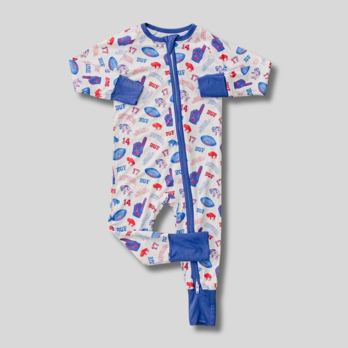 Let's Go Bamboo Buffalo Zippy Sleeper. White royal blue sleeper with fold over cuffs on hands and feet. Double zippers. Has BUF and red buffalo print along with 17 and number 1 finger print. - Little Gift Nook