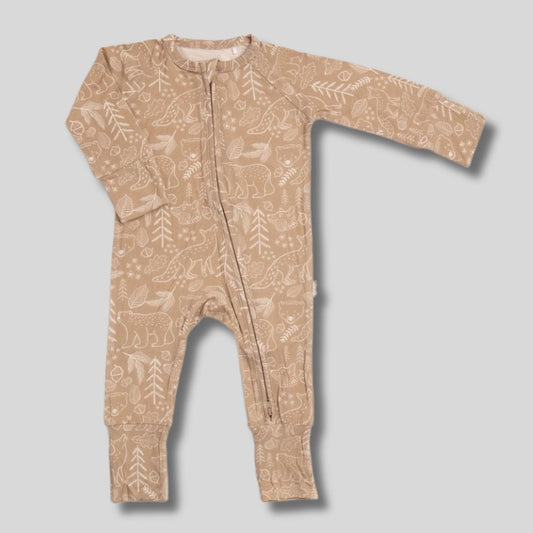 Woodland Animal Bamboo Baby Sleeper with fold over feet & hands. Tan sleeper with white animals and tree images. Double zipper. - Little Gift Nook