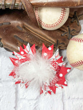 Load image into Gallery viewer, Baseball Marabou Bows. Red white baseball theme hair bow with white feathers.  Little Gift Nook.