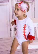 Load image into Gallery viewer, Baseball Marabou Bows. Red white baseball theme hair bow with white feathers.  Little Gift Nook.