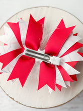 Load image into Gallery viewer, Baseball Marabou Bows. Red white baseball theme hair bow with white feathers. Alligator Clip at back.  Little Gift Nook.