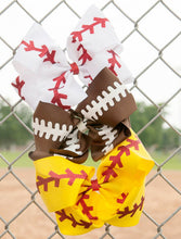 Load image into Gallery viewer, Baseball Texas Size Hair Bow. Red glitter &quot;stitches&quot; on white grosgrain ribbon bow.  Alligator clip at back.  Little Gift Nook.