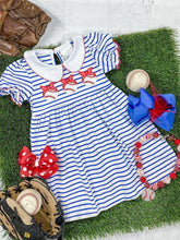 Load image into Gallery viewer, Baseballs &amp; Stripes Classic Dress. One button at back neck.  Little Gift Nook.