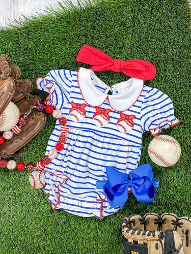 Baseballs & Stripes Classic Onesie Romper for baby.  Button at back neck and snaps for easy changes. Little Gift Nook.