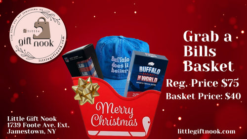 Bills Game Time Gift Basket. Mini tumble tower, Buffalo Trivia Game, and Buffalo does it better hat.  All wrapped up in a cute little gift basket sleigh.