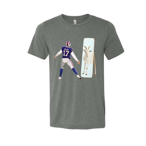 Bills Josh Allen GOAT tshirt. Shows Josh Allen looking into a mirror and he sees a goat ~ Greatest of all time. Funny Bills tshirt. Little Gift Nook.