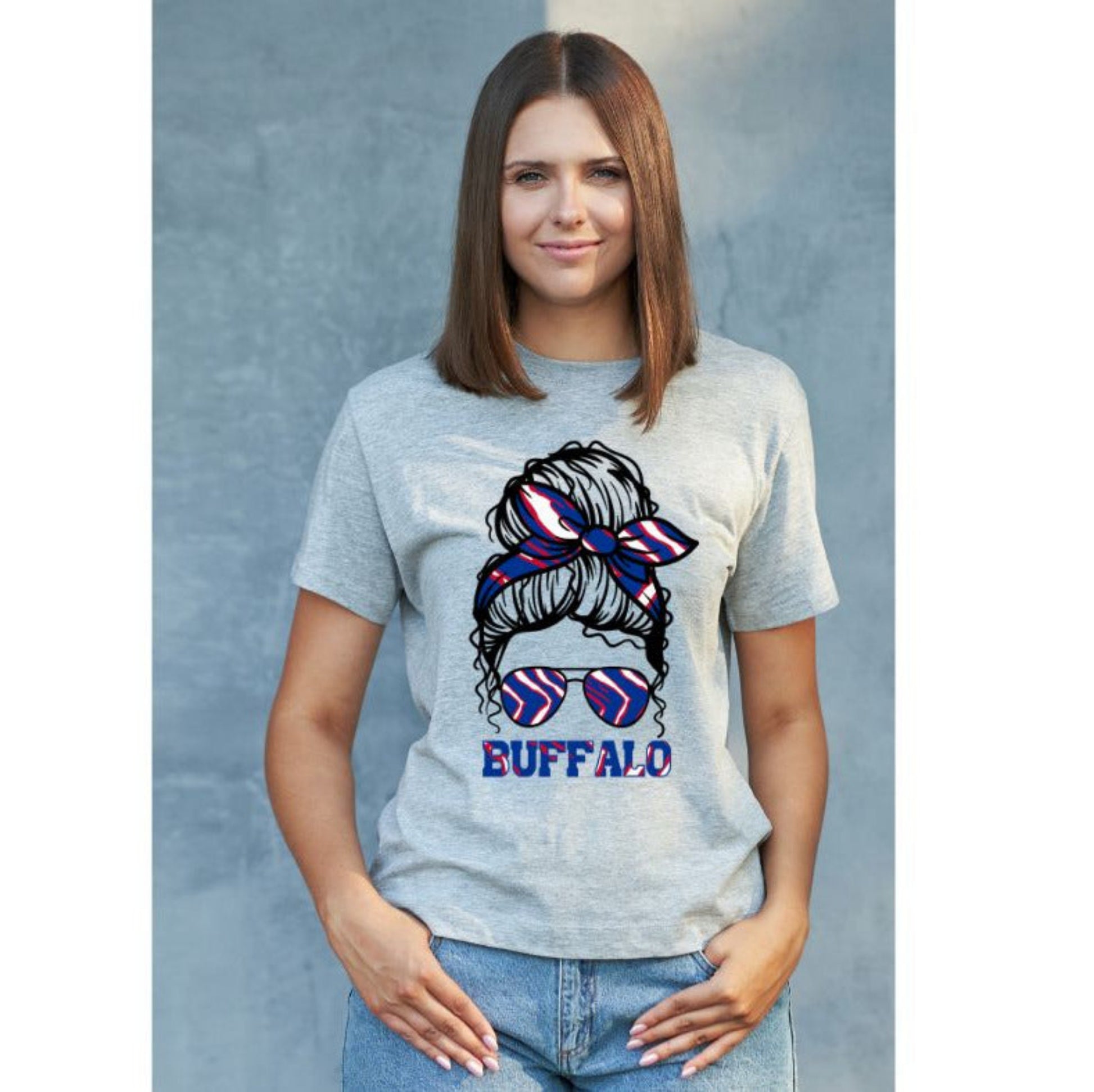 Messy Bun Zubaz Buffalo Tshirt. Available in white or gray. Women's Buffalo Tshirts. - Little Gift Nook