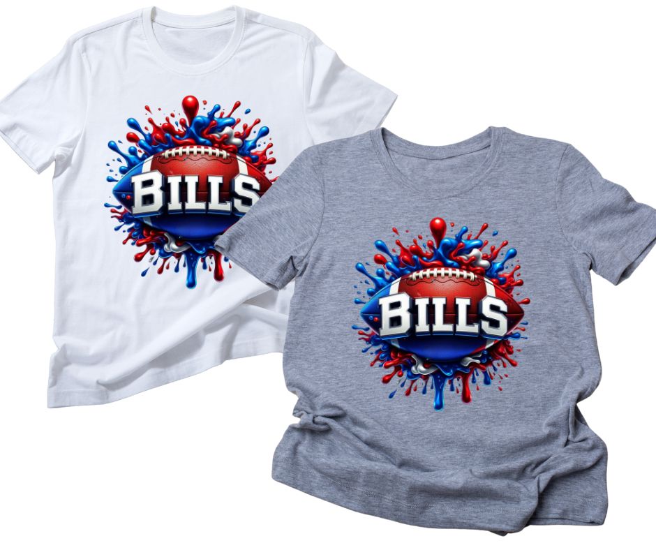 Bills Splatter Paint Football Shirt. Adult unisex tshirts with football and blue & red splatter paint on front. - Little Gift Nook