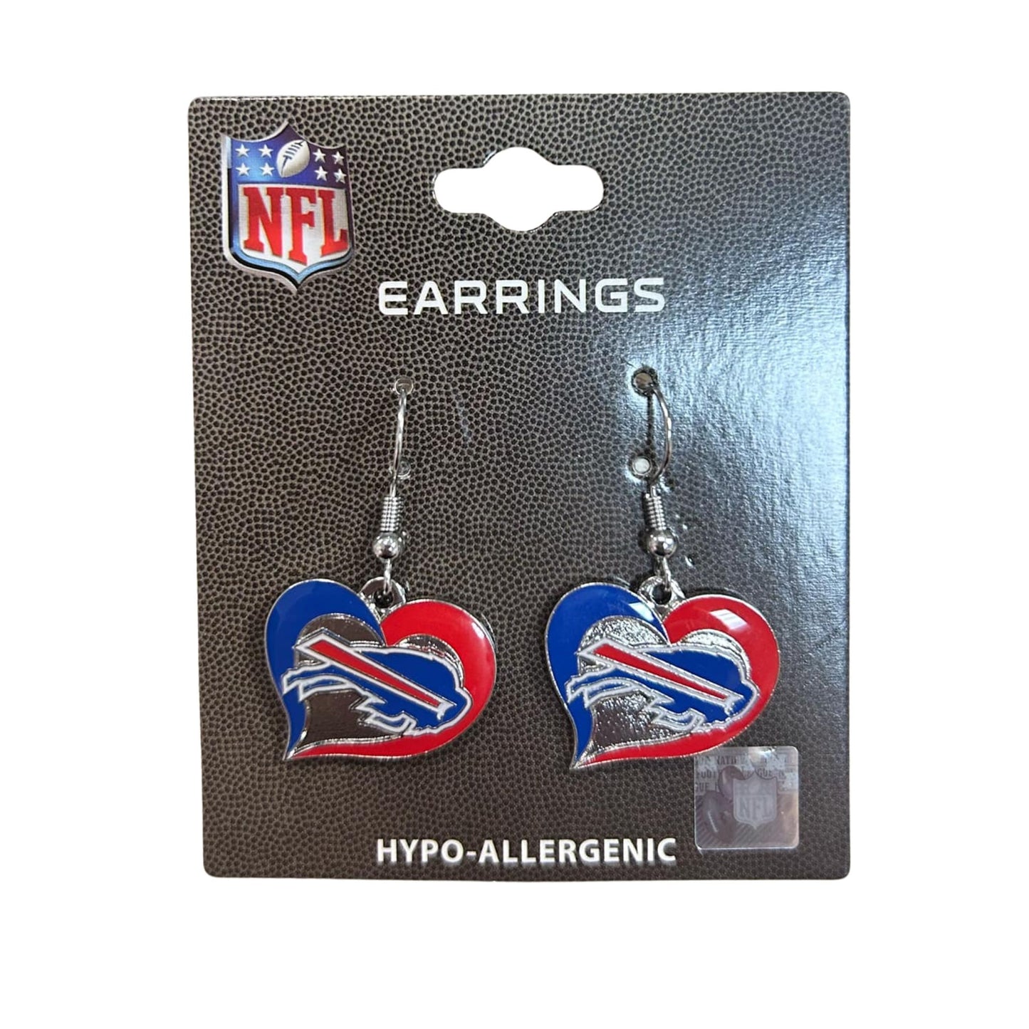 NFL Buffalo Bills Swirl Heart Earrings - stainles steel fish hook backing dangle earrings - hearts with Bills logo on package - Little Gift Nook