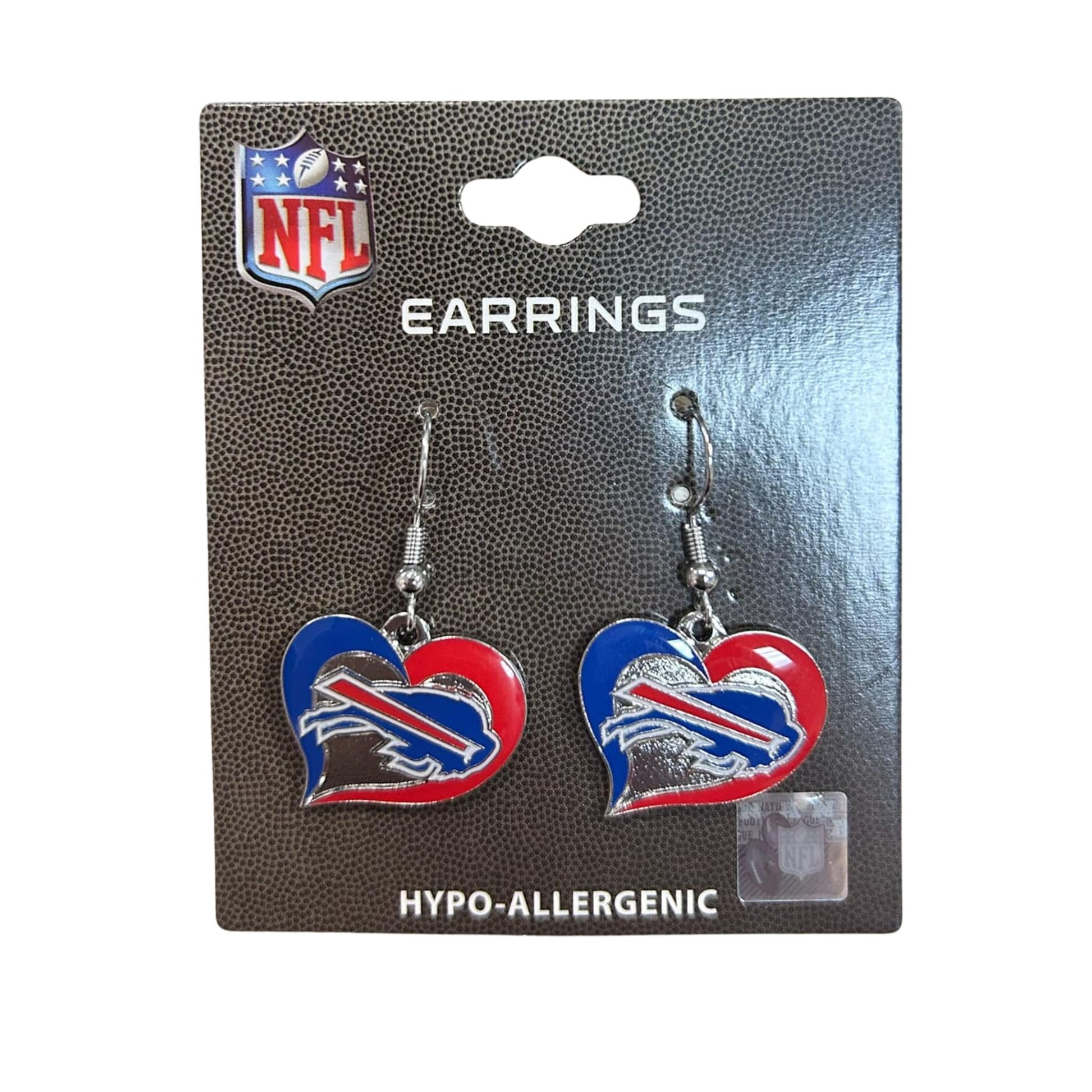 NFL Buffalo Bills Swirl Heart Earrings - stainles steel fish hook backing dangle earrings - hearts with Bills logo on package - Little Gift Nook