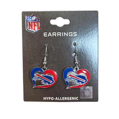 NFL Buffalo Bills Swirl Heart Earrings - stainles steel fish hook backing dangle earrings - hearts with Bills logo on package - Little Gift Nook