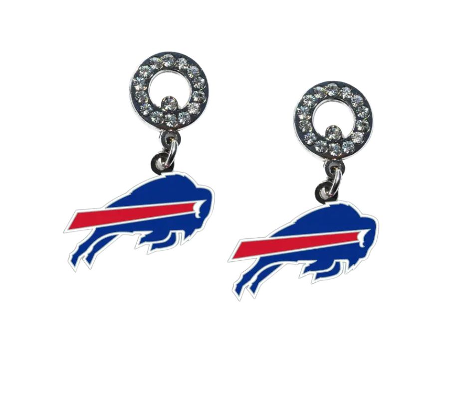 Nfl Buffalo Bills Rhinestone Earrings - rhinestone circular tops with bills logo hanging front them with post backs - Little Gift Nook 