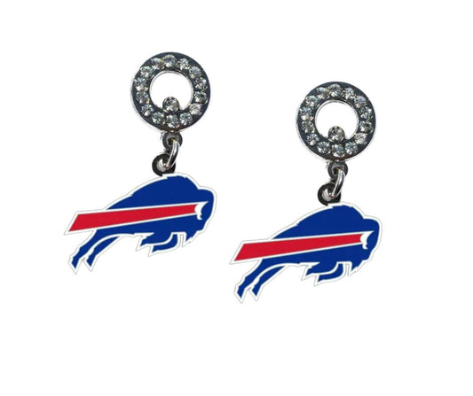 Nfl Buffalo Bills Rhinestone Earrings - rhinestone circular tops with bills logo hanging front them with post backs - Little Gift Nook 