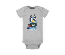 Load image into Gallery viewer, Blue Dog Packers Greenbay Football Tshirts. Heather Gray short sleeve blue dog greenbay onesies and tshirts kids. Little Gift Nook.