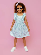 Load image into Gallery viewer, Blue &amp; Lavender Floral Ruffle Sleeve Dress. Sleeveless with ruffles. Little Gift Nook.