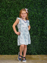 Load image into Gallery viewer, Blue &amp; Lavender Floral Ruffle Sleeve Dress. Sleeveless with ruffles. Little Gift Nook.