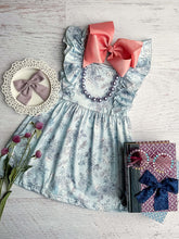 Load image into Gallery viewer, Blue &amp; Lavender Floral Ruffle Sleeve Dress. Sleeveless with ruffles. Little Gift Nook.