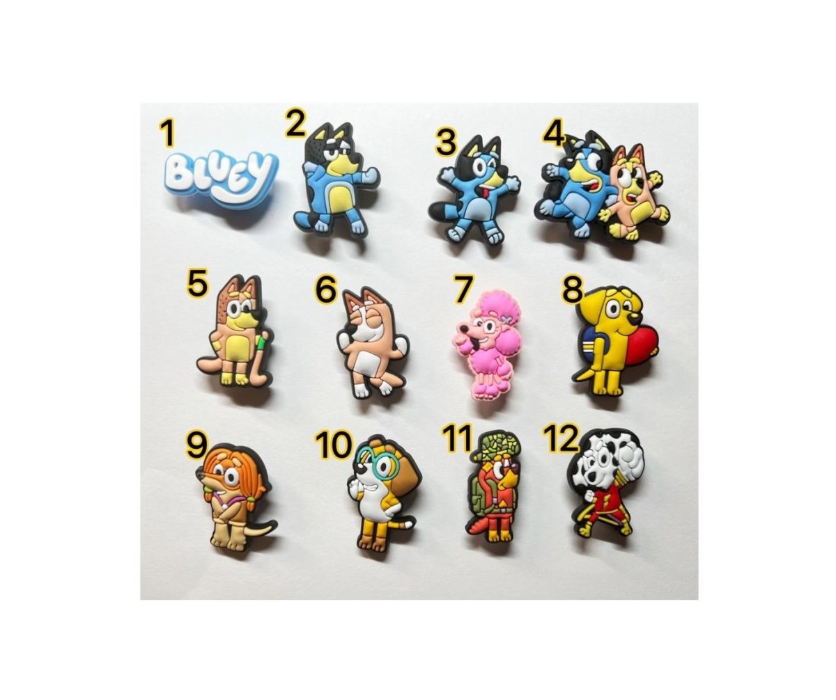 Bluey Shoe Charms that fit shoes like crocs.  Each charm is numbered with 12 to choose from. - Little Gift Nook