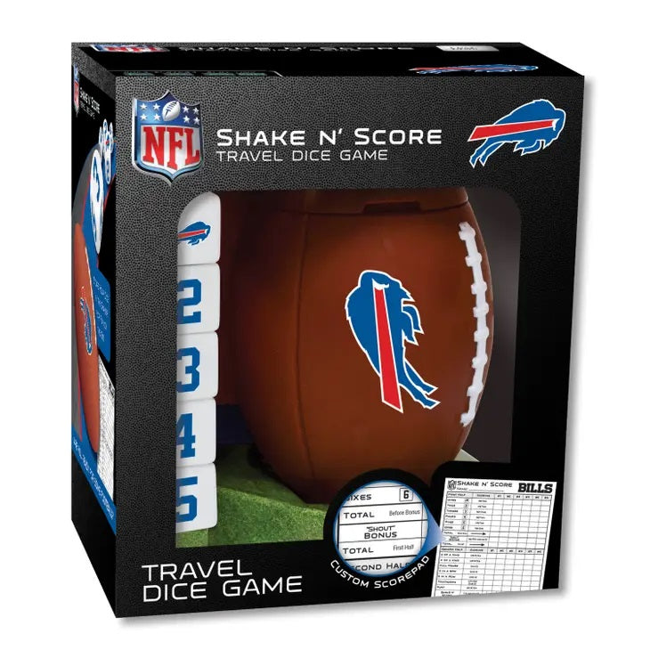 Buffalo Bills Shake N' Score. Yahtzee style game with football dice shaker. Football and dice have Bills logo. - Little Gift Nook