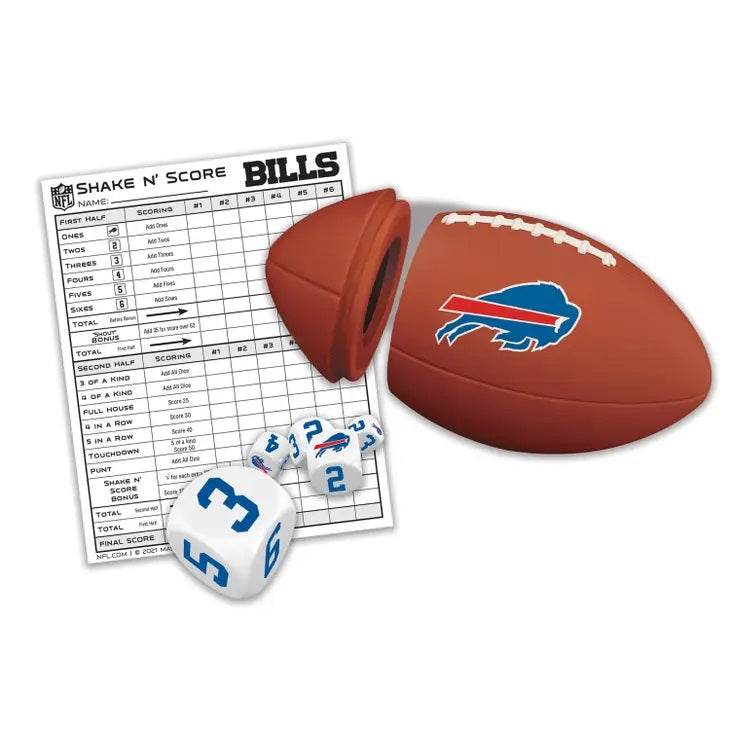 Buffalo Bills Shake N' Score game. Includes plastic logo football that opens up and works as a dice shaker. Yahtzee style game with dice and score sheet. - Little Gift Nook