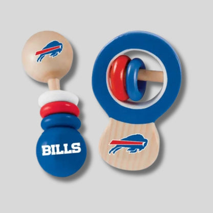 Buffalo Bills NFL Wood Rattle 2-PacK. Wooden blue red white logo rattles on gray background.  - Little Gift Nook