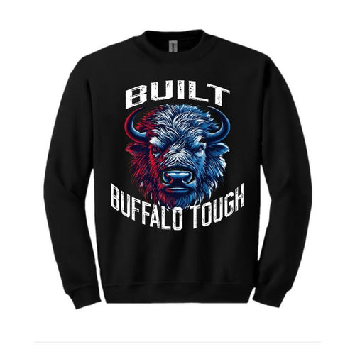 Buffalo Built Tough Black Crewneck. Black unisex fit fleece lined crewneck sweatshirt with white red blue Built Buffalo Tough on front with giant 2 tone buffalo face! Little Gift Nook.