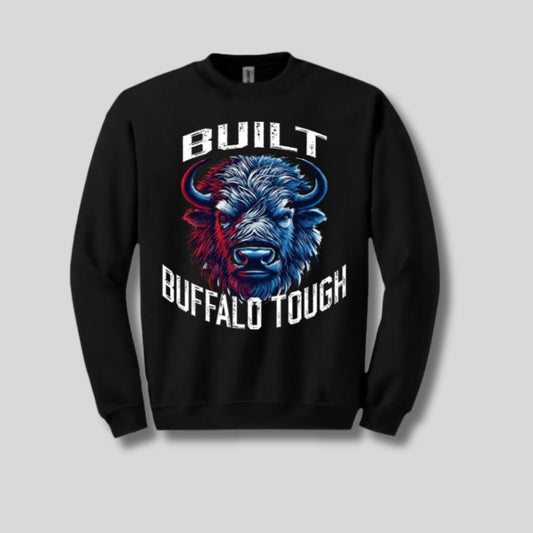 Built Buffalo Tough Black Crewneck. Black unisex fit fleece lined crewneck sweatshirt with white red blue Built Buffalo Tough on front with giant 2 tone buffalo face! Little Gift Nook.
