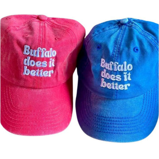 Buffalo does it Better Hat blue or red baseball hats. Let's Go Buffalo! Little Gift Nook.