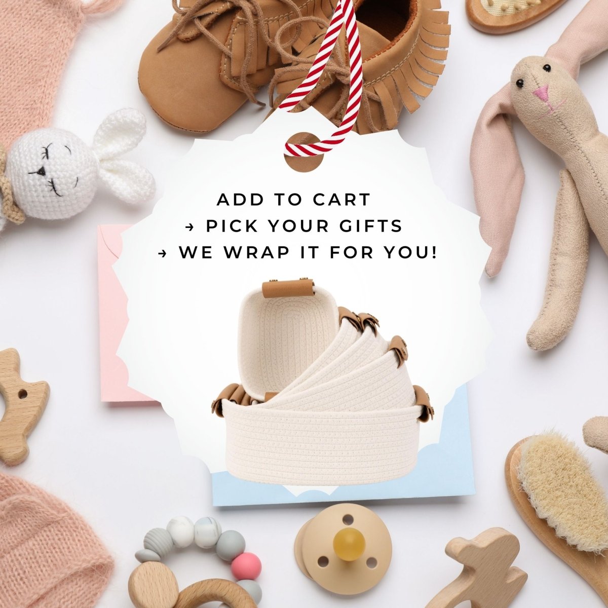 Build a white rope basket baby gift - 5 nesting baskets with baby gifts on edges - Gift wrapping service - Little Gift Nook