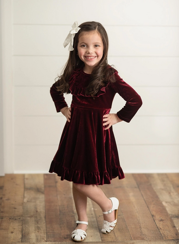 Burgundy Velvet Twirl Holiday Dress.Little Gift Nook.