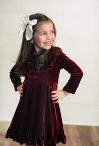 Burgundy Velvet Twirl Holiday Dress.Little Gift Nook.