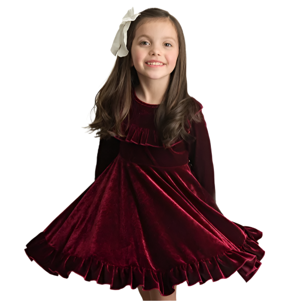 Burgundy Velvet Twirl Holiday Dress. Long Sleeve with ruffles on front. Soft & stretchy. Little Gift Nook.