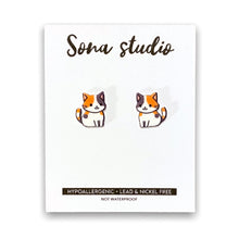 Load image into Gallery viewer, Calico Cat Earrings. Stainless steel, nickle &amp; lead free. Both butterfly &amp; silicone backs.