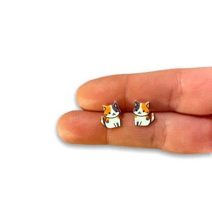 Calico Cat Earrings being held to see size. Small, perfect for kids. Little Kitty earrings nickle free. - Little Gift Nook
