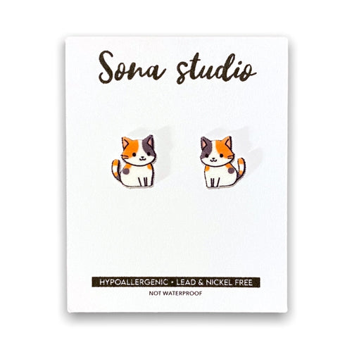 Calico Cat Earrings. white gray and yellow kitty stud earrings. Nickle Free studs with butterfly backs. - Little Gift Nook