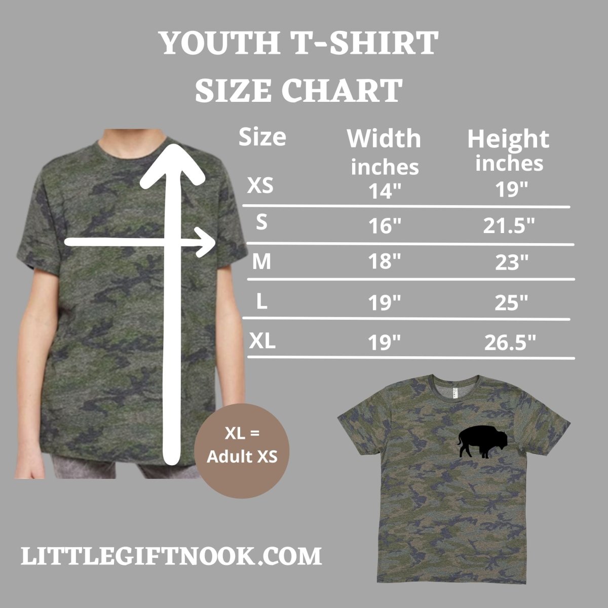 Distressed Camo Buffalo T-Shirt youth size chart