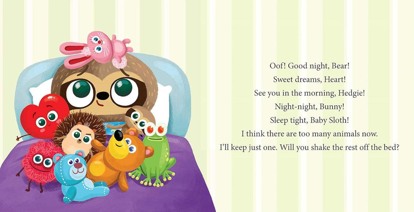 Can You Put Me To Bed Not So Sleepy Sloth Book. Inside book showing sloth in his bed with all his stuffies. - Little Gift Nook