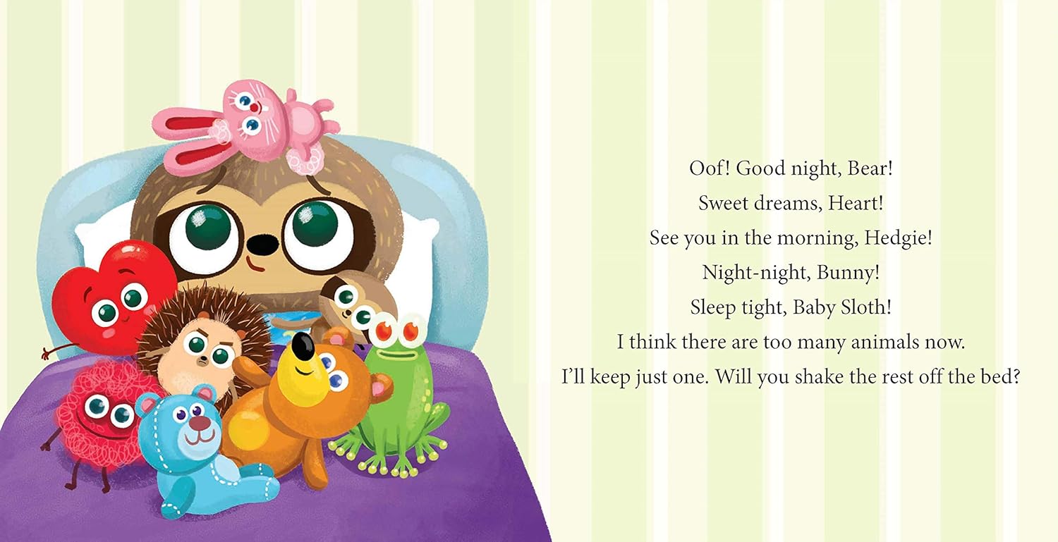 Can You Put Me To Bed Not So Sleepy Sloth Book. Inside book showing sloth in his bed with all his stuffies. - Little Gift Nook