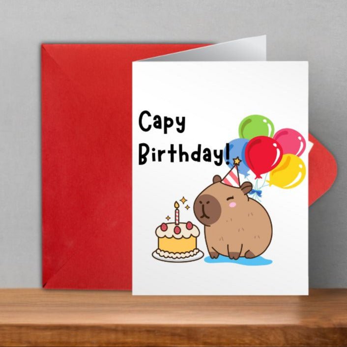 Capybara Capy Birthday Card. Greeting Card. 5.5" x 4.3" white cardstock. Blank inside. Comes with red cardstock envelope and capybara sticker to seal.  Little Gift Nook. 