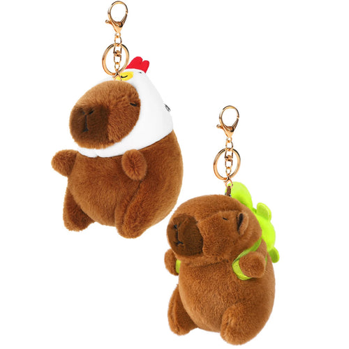 Capybara Keychain Plush Toys. Choose from a capybara wearing a chicken hat or wearing a turtle backpack.  Meaures 4.5