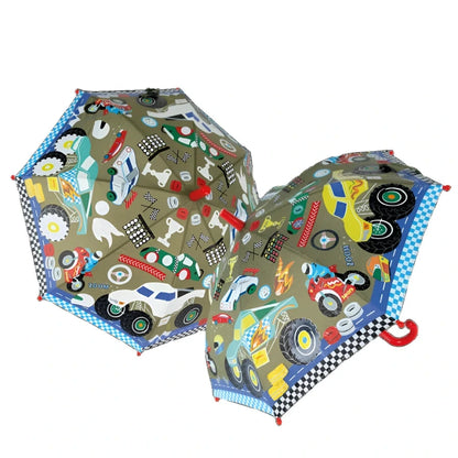 Cars Color Changing Umbrella. Race car theme. Watch the colors appear when wet and go back to white when dry.  Toddler ages 3 and up. Easy open closed no pinch.  - Little Gift Nook