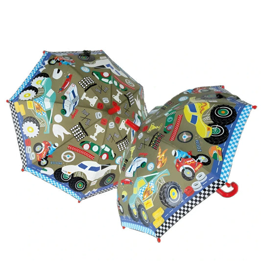 Cars Color Changing Umbrella. Race car theme. Watch the colors appear when wet and go back to white when dry.  Toddler ages 3 and up. Easy open closed no pinch.  - Little Gift Nook